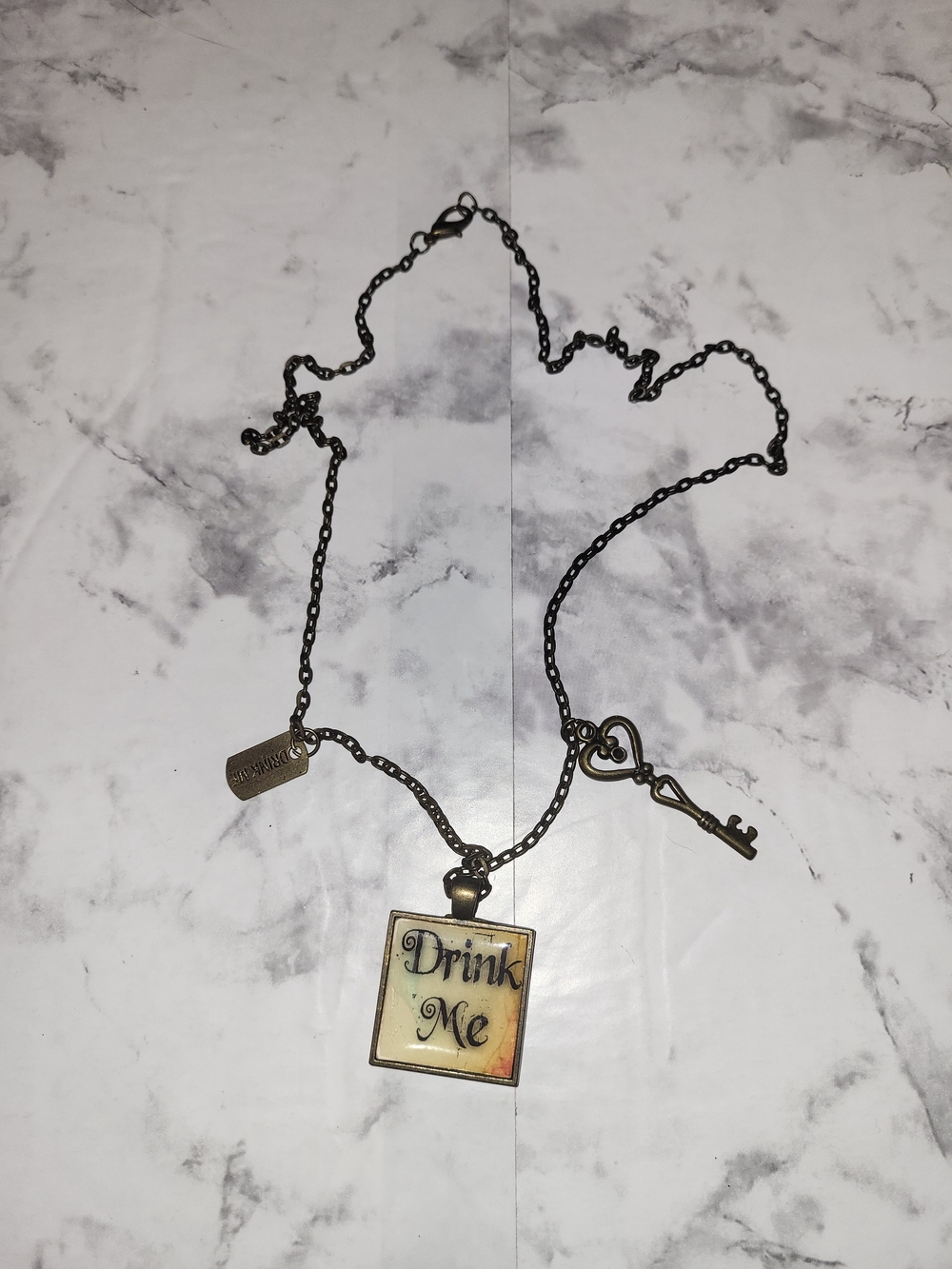 Vintage-Inspired 'Drink Me' Pendant Necklace - Brass Finish